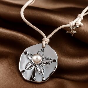 Silver Floral Pendant Necklace W/ Pearl Center on Adjustable Off-White Cord